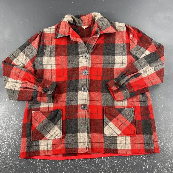 Tops - VTG Vic Gene Wool Flannel Shirt Women XL Red Black Plaid Midweight Button Up 60s